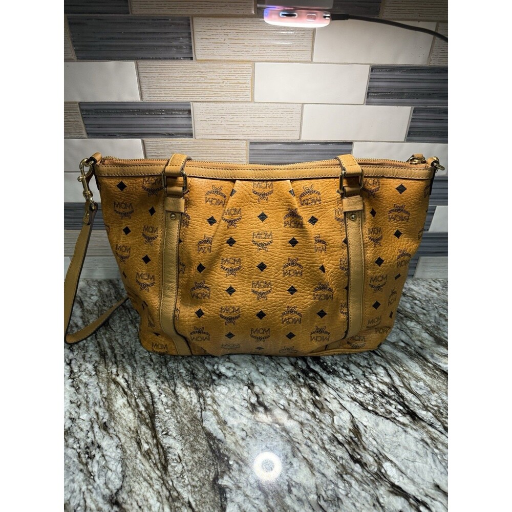 MCM Visetos Cognac 2-Way Tote EUC Fantastic Bag For Fall Plastic on Hardware - Picture 5 of 16